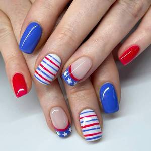 lot 164 image: Independence Day Fake Nails Suqare Short Press On Nails French 4th Of July False Nails With Star Stripe Designs Acrylic Glossy Glue On Nails Full Cover Artificial Stick On Nails For Women - Retail $5