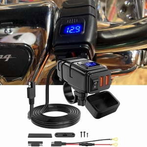 lot 165 image: Nilight Motorcycle Charger with 12V Voltmeter Independent on off Switch SAE USB Adapter Inline 10A Fuse Waterproof 6.8A Dual QC3.0 Fast Charging Phone Tablet for 78inch Handlebar ATV Blue - Retail $20