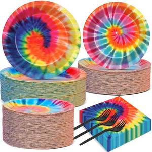 lot 188 image: 50 Guests Tie Dye Plates and Napkins Party Supplies Tie Dye Party Decorations Disposable Tableware Set Birthday Dinnerware Favor for Kids Girls Baby Shower Birthday Party Graduation, 200PCS - Retail $29