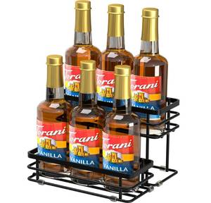 lot 205 image: Homedawn Coffee Syrup Rack Organizer, Syrup Bottle Holder Stand for Coffee Bar, 2-Tier 6 Bottles Storage Shelves for Syrup, Wine, Dressing for Kitchen Countertop (6 Bottles Black) - Retail $21