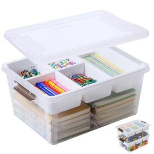 lot 207 image: MACOPRO 17QT Clear Plastic Box Craft Storage Bin with Removable Tray & Lid - Retail $25