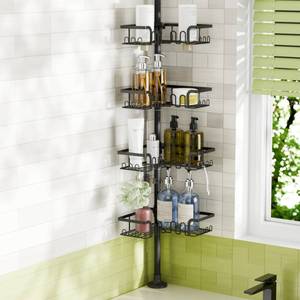 lot 229 image: THKVESN Corner Shower Caddy Tension Pole Adjustable 30.6-127.2 Inch, 4-Tier Rustproof Shower Organizer Shelf Rack, No-Drill Installation Bathroom Storage Shower Caddy Corner Pole, Black - Retail $27