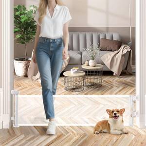 lot 236 image: Short Dog Gate, 14 H Retractable Dog Gates, Mesh Retractable Step Over Pet Gates Puppy Gate, Extended up to 55 Wide for Stairs & Doorways Hallways - Drilling Required (White) - Retail $1,328