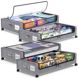 lot 237 image: Beborxue Under Bed Storage with Wheels, 4-Pack Underbed Storage Containers with Clear Lids, XXL 60L Under the Bed Storage Organizer Bins, Rolling Under Bed Metal Drawer for Clothes,Shoes,Toys (Gray) - Retail $1,089