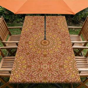 lot 258 image: COTAIL Rectangle Outdoor Tablecloth with Umbrella Hole and Zipper, Waterproof Fitted Patio Table Cover with Elastic Edge, Wipe Clean Snug Fit for Garden Picnic Party, 72x30 inch, Boho Mandala - Retail $30