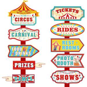 lot 274 image: Hooqict 20 Pieces Carnival Decorations Circus Theme Party Directional Signs Carnival Party Signs Welcome to The Circus for Kids Carnival Birthday Party Decorations Supplies - Retail $6