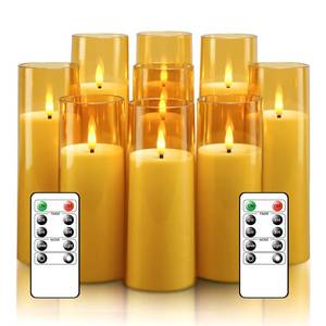 lot 307 image: kakoya Flickering Flameless Candles Battery Operated with Remote and 2468 H Timer Acrylic Led Pillar Candles Pack of 9 (appr D2.3xH5.56.57.5)with Realistic 3D Wick Candles for Home Decor(Gold) - Retail $33