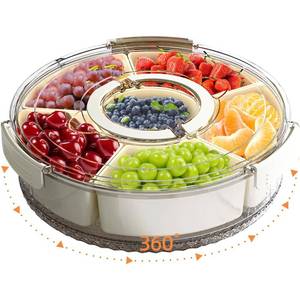 lot 313 image: AYauGamA Divided Serving Tray with Lid and Handle, Portable Snackle Box Container for Fruits Snacks Charcuterie Organizer, Spinning Rounded Veggie Tray for Kitchen, Party, Travel and Picnic - Retail $12