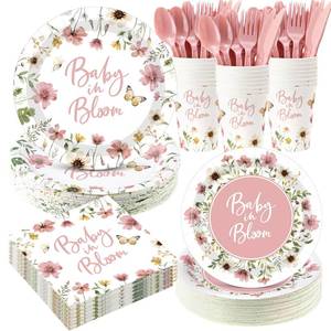lot 318 image: Funnymoom 400 Pcs Baby in Bloom Party Supplies for 50 Guests Pink Floral Baby Shower Paper Plates and Napkins Knives Spoon Fork Cup Disposable Wildflower Dinner Party for Spring Greenery Favor - Retail $35
