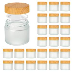 lot 321 image: 2oz Jars with Lids, Hoa Kinh 24 Pack Frosted Glass Jars with Woodgrain Lids - Retail $28