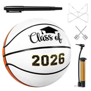 lot 345 image: JolliLudo Senior 2027 Graduation White Autograph Blank Football Volleyball Soccer Ball Official Size, Acrylic Stand, Signature Pen for Graduation 2027 Night Gifts(Basketball,White,Brown,1)