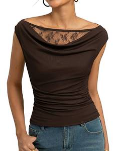 lot 371 image: Womens Cowl Neck Slim Fit Top, Y2K Going Out Shirts Outfits, Brown, XXL - Retail $23