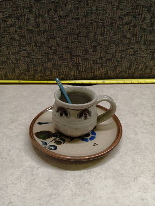 lot 1114 image: Handthrown Stoneware Teacup and Saucer Set wBlue spoon