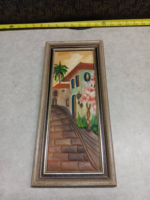 lot 1259 image: Framed Oil Painting Tropical Courtyard Scene Signed Elianna