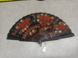 Ornate Red Lacquered Folding Fan w/ Floral Design