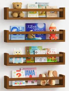 lot 374 image: Forbena Dark Wood Nursery Kids Bookshelf Wall Mounted, Wooden Floating Nursery Book Shelves for Wall, Hanging Kids Bookshelves for Toddler Baby Room Bedroom Bathroom (Solid Pine, Walnut Brown, 4 Pack) - Retail $32