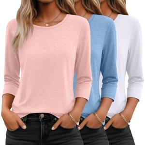lot 387 image: Ficerd 3 Pack 34 Sleeve Tops for Women Basics Crewneck T Shirts 3Color L - Retail $39
