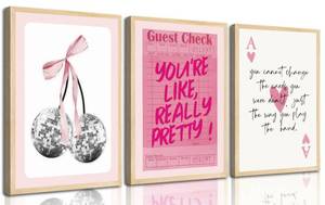 lot 396 image: 3Pcs Trendy Pink Preppy Wall Art Cute Girly Coquette Disco Cherry Pictures Wall Decor Preppy Room Decor Aesthetic Posters Prints for College Apartment Dorm Decoration Unframed 12x16in - Retail $10