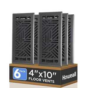 lot 421 image: Howeall 4x10 Inches 6 Pack Heavy Duty Walkable Floor Register Easy Adjust Air Supply Lever Floor Vents - Brooklyn Design - Vent Cover for Home Floor - Matte Black - Retail $80