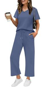 lot 441 image: WIHOLL Summer Outfits For Women 2 Piece Lounge Matching Sets Workout Sets Spring Essentials Clothing Cruise Vacation Outfits Pajama Pants Activewear Blue L - Retail $20