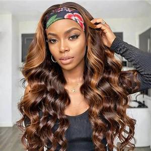 lot 456 image: (Butterfly Headband) Colorful Queen Headband Wig Brown Highlight Headband Wigs for Black Women Ombre Body Wave Head Band Wig Glueless Half Long Wavy Wig with Headband 26 Inch - Retail $27