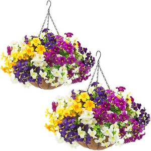 lot 462 image: 2 Set Artificial Outdoor Flowers with Hanging Baskets,24 Pcs UV Resistant Faux Petunias Flowers with Hanging Planter for Front Door Porch Spring Outside Decor (2, White,Yellow,Purple,RedViolet) - Retail $45