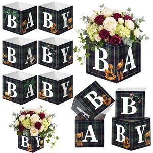 lot 467 image: Qunclay 12 Pcs Green Plaid Brown Bear Baby Shower Flower Boxes Centerpieces for Tables Display with Letters Gender Reveal Party Favor Block Holder for Baby Shower, Gender Reveal Party Decoration - Retail $23