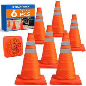lot 472 image: TENKAIWICK 18 Inch 6 Pack Traffic Cones,Collapsible Safety Cones,Multi Purpose Pop-up Cones with Reflective Collar,Orange Cones for Parking lot, Driveway, Driving Training etc - Retail $27