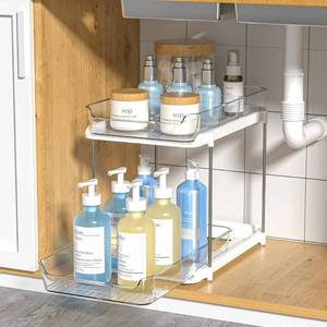 lot 474 image: Delamu 2-Tier Multi-Purpose Bathroom Under Sink Organizers and Storage, Stackable Kitchen Pantry Organization, Pull Out Medicine Cabinet Organizer with Movable Dividers, White, 1 Pack - Retail $25