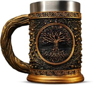 lot 483 image: Original Handmade Viking Mug - 20oz Yggdrasil Tree of Life Beer Tankard - Stainless Steel Medieval Celtic Pirate Heavy Cup - Norse Mythology Decor Gifts for Men Women - Retail $26