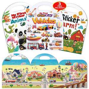 lot 484 image: 3-Pack Reusable Sticker Books for Toddlers 2-4 Years, Vehicles Truck, Animals & Farm Jelly Activity Stickers for Boys Girls Road Trip Airplane Train Travel Essentials Toy for Kids Birthday Gifts - Retail $6