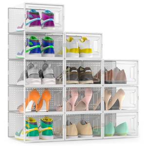 lot 488 image: 12 Pack Large Stackable Clear Plastic Shoe Storage Boxes Organizer, White - Retail $50