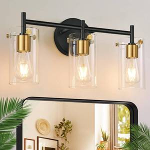 lot 496 image: Indoi Bathroom Light Fixtures, 3-Light Black and Gold Vanity Light, Black Bathroom Lights Over Mirror with Clear Glass Shade for Mirror Bedroom Living Room - Retail $1,392