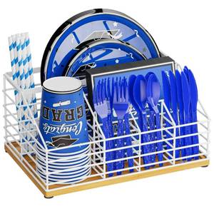 lot 508 image: Hordely Metal Paper Plate Holders Dispenser, Disposable Paper Plate Utensil Holder for Party, Napkin Cups-Silverware Cutlery Caddy Holder for Parties Kitchen Counter, Bamboo, White - Retail $26