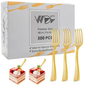 lot 563 image: WDF Disposable Plastic Mini Forks 300 Pieces 4 Inches  Mini Gold Forks  Plastic Dessert Forks  Perfect for Small Appetizers and Desserts for WeddingPartyBirthday - Retail $32
