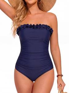 lot 570 image: Smismivo Strapless Swimsuits for Women Bandeau One Piece Bathing Suit Tummy Control Swim Suit Slimming Vintage Ruched Ruffle Push Up Tube Top Full Coverage Swimwear for Swimming Pool (Navy Blue) L - Retail $37