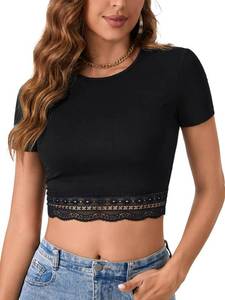lot 571 image: Vrtige Womens Crewneck Lace Trim Casual Crop Top Black Small - Retail $3,465