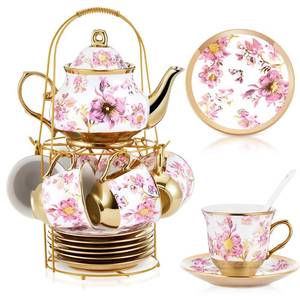 lot 572 image: Zhehao 20 Pcs Porcelain Tea Set for Adult, with Metal Holder, Purple - Retail $46