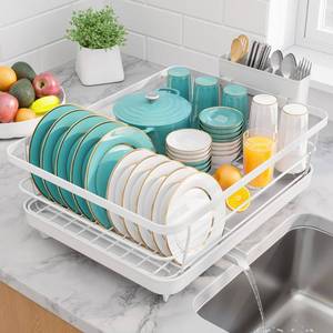 lot 605 image: Sakugi Dish Drying Rack - Stainless Steel Dish Rack with Drainboard for Kitchen Counter and Sink, 15.6 D x 12 W x 5 H, White - Retail $25