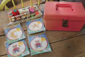 lot 4058 image: Vintage Sewing Box wNIP Cross Stitch Kits & More