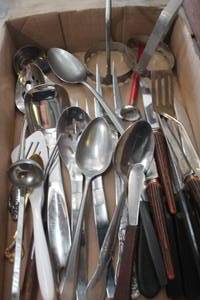 lot 4111 image: Flat of Steak Knives, Serving Spoons & More