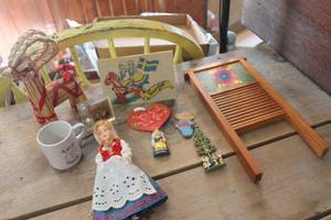 lot 4118 image: Vtg. Swedish Matchbox, Doll, Timer & More