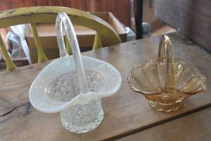 lot 4120 image: Vintage White Iridescent Glass Basket has chip & More