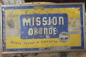 lot 4170 image: Antique Mission Orange Glass Sign 14 x 8