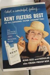 lot 4183 image: Vintage Kent Cigarettes Cardboard Sign 25 x 18