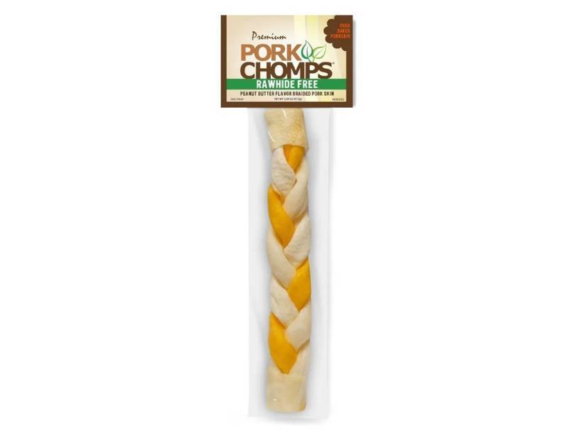 lot 29100 image: Pork Chomps Roasted Pork Skin Dog Chews, 8 in Braid, Peanut Butter, 1 CountOven-baked from real pork skin - a rawhide-free chew thats low in fat, high in protein, and easy to digest - Retail $7
