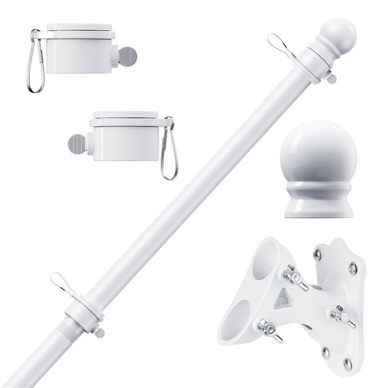 lot 29031 image: Flag Pole Kit, Tangle Free Spinning Stainless Steel Rustproof Flagpole for 3x5 Sports Fan Outdoor Flags for Outside House (White, 6FT, with Bracket) - Retail $26