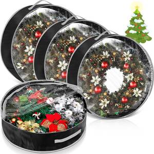 lot 64338 image: 4 Pcs Christmas Wreath Storage Bag, Christmas Garland Storage Container with Clear Window, Zipper & Handle for Xmas Holiday Seasonal Wreath Garland Box(Black,36) - Retail $30