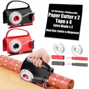 lot 64341 image: 2-Pack Wrapping Paper Cutter & Tape Dispenser for Christmas Gift, Improve Gift Packaging Efficiency, Makes the Cutting line straighter, Cutting Tool with 4 Tapes��2 Replace Blades Kit, Red and Black - Retail $25