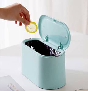 lot 64350 image: Mini Trash Can with Lid - Removable Small Garbage Can, Tiny Plastic Trash Bin, Pop Up Countertop Wastebasket, Counter Garbage Lint Bin for Bathroom,Office,Kitchen,Desk,Coffee Table(Sky Blue) - Retail $12